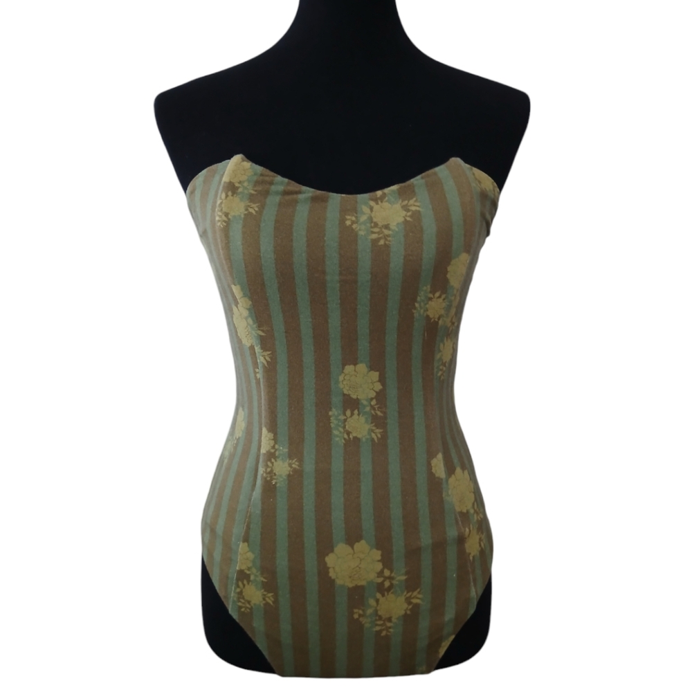 Novella Royale Olive Green & Mustard Floral Stripe Strapless Bodysuit